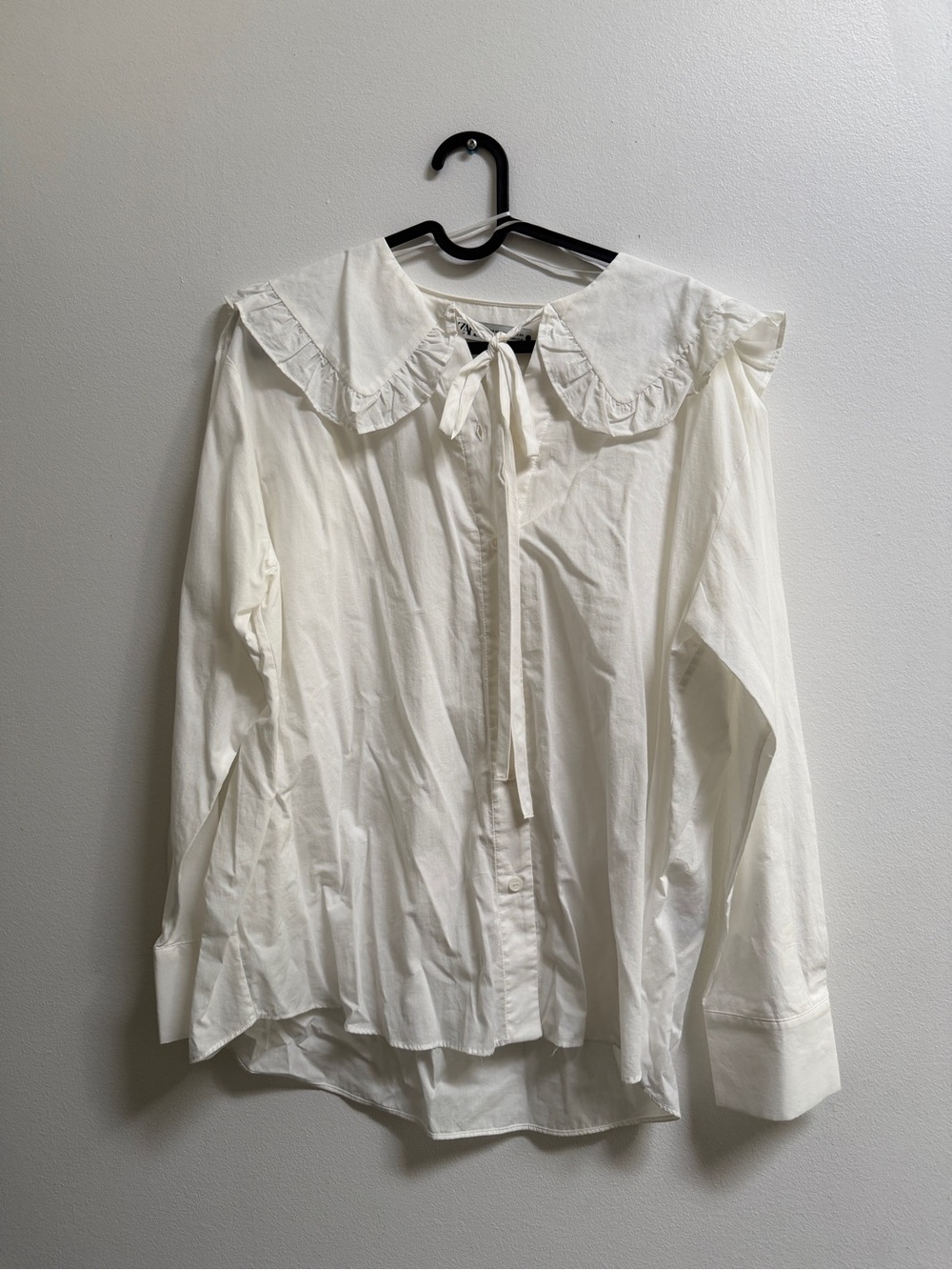 Zara 100% Cotton White Ruffle Collar Button-Front Shirt with Tie Neck